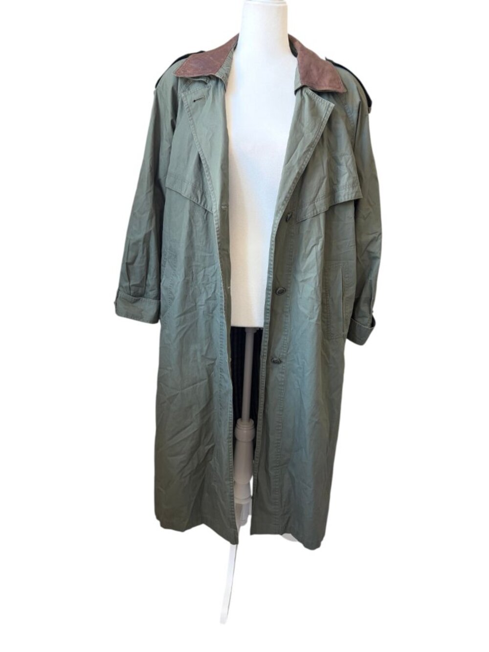 Vintage J Gallery Olive Green Long Trench Coat with Brown Leather Collar Size 12 - Picture 2 of 12